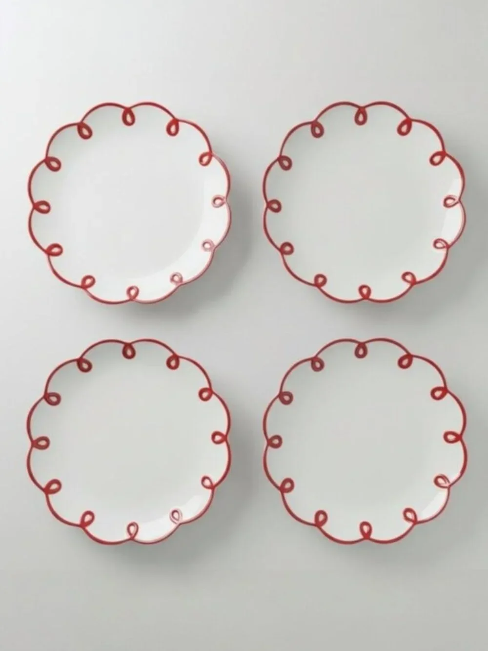Anthropologie Red Scalloped Dessert Plates Set of 4 | Ceramic Loop Edge | NWOT