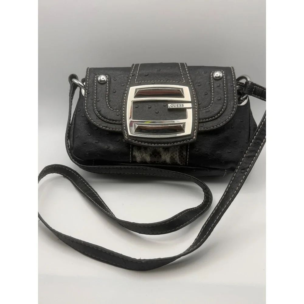 Vtg Guess Black Ostrich Snakeskin Crossbody Purse‎ Bag Silver G Logo Buckle Y2K