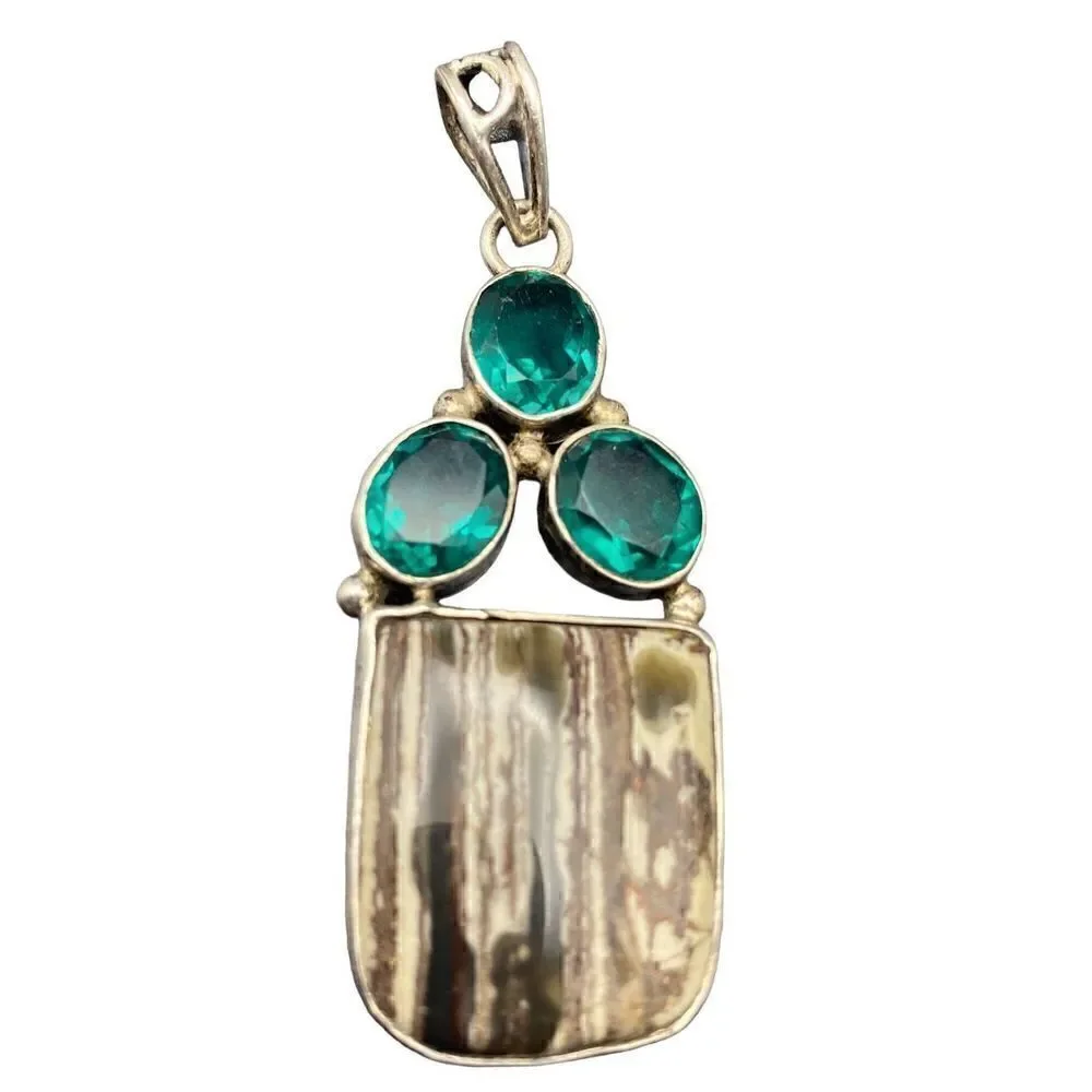 Sterling silver 925 zebra jasper and green CZ pendant necklace