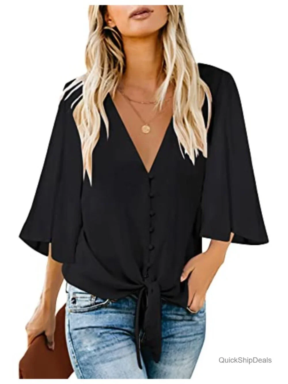V Neck 3/4 Sleeve Tie Knot Blouse Button Down Shirt