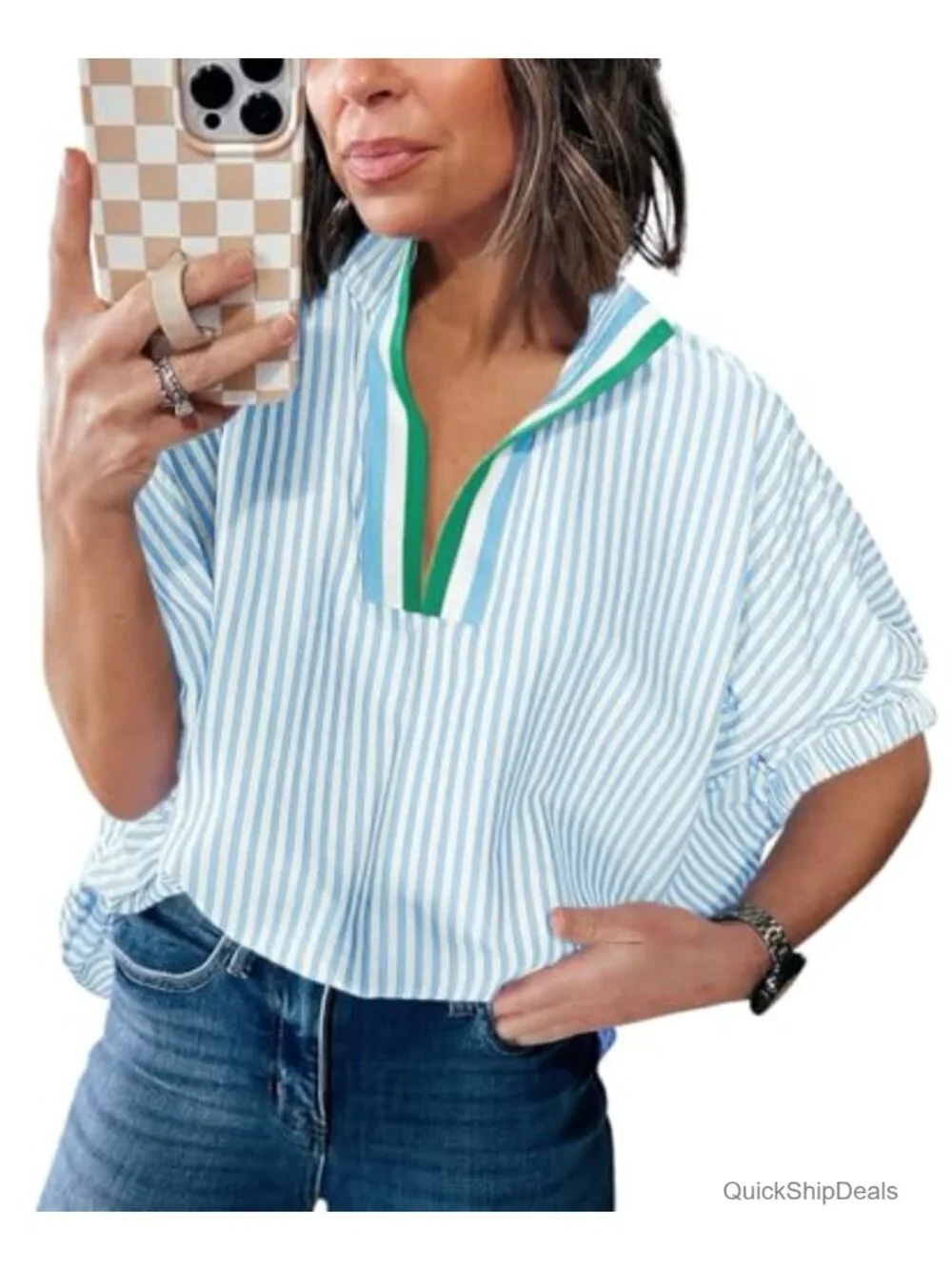Striped Contrast Neck Blouse | Dolman Puff Sleeve Top | Relaxed Fit