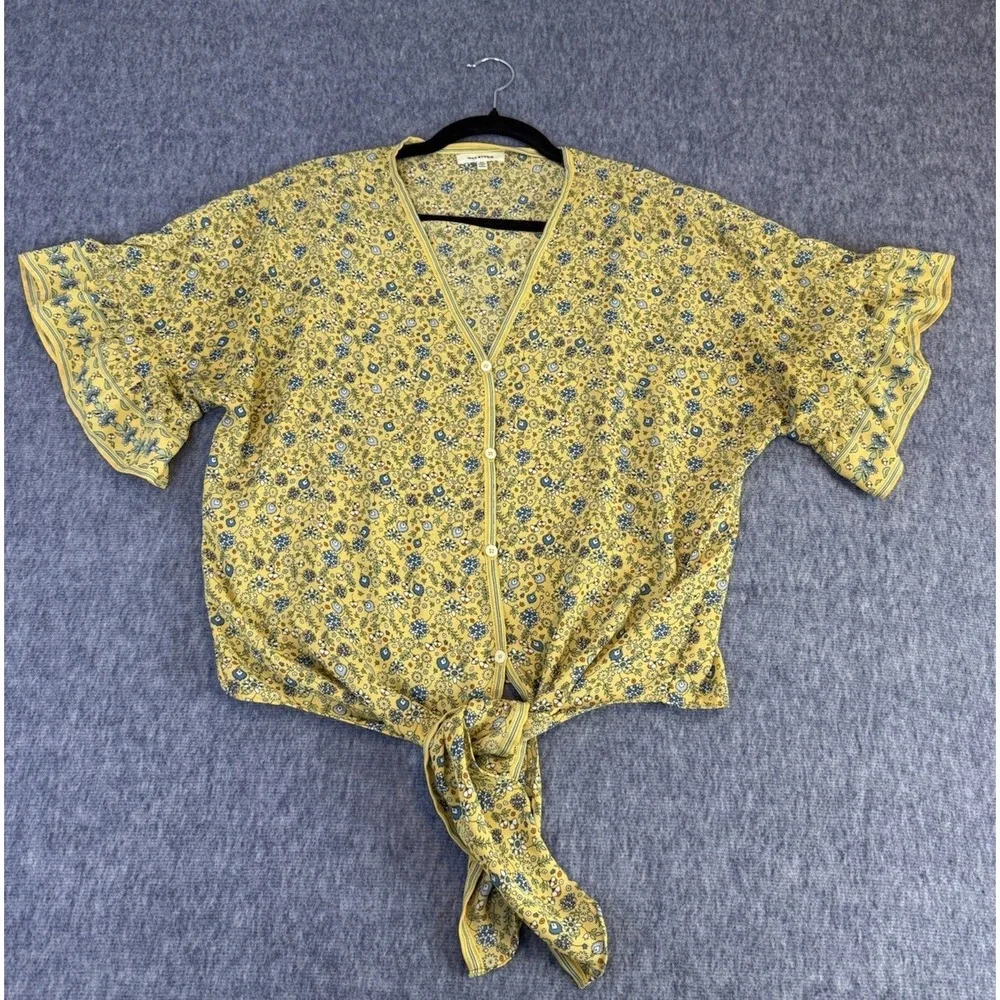 Max Studio Yellow Floral‎ Tie Front Top Medium Short Sleeve Cropped Boho Blouse