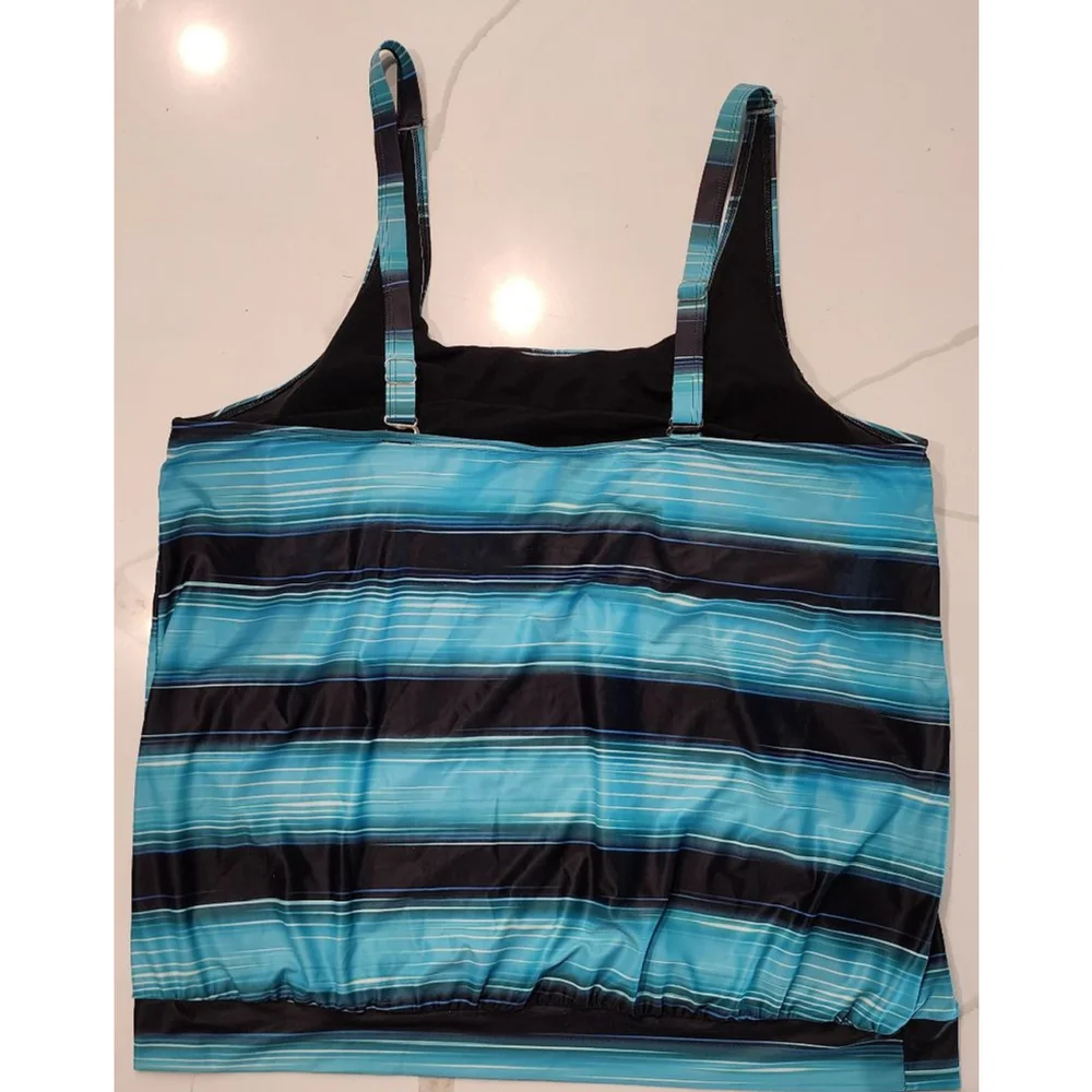 Yonique Women's Teal Blue Ombre Striped Tankini Top Ruched Loose Fit 24W