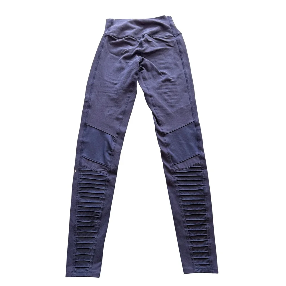 Alo Yoga Moto Leggings High Waisted Mesh Ribbed Purple Navy‎ Blue Yoga Pants- S