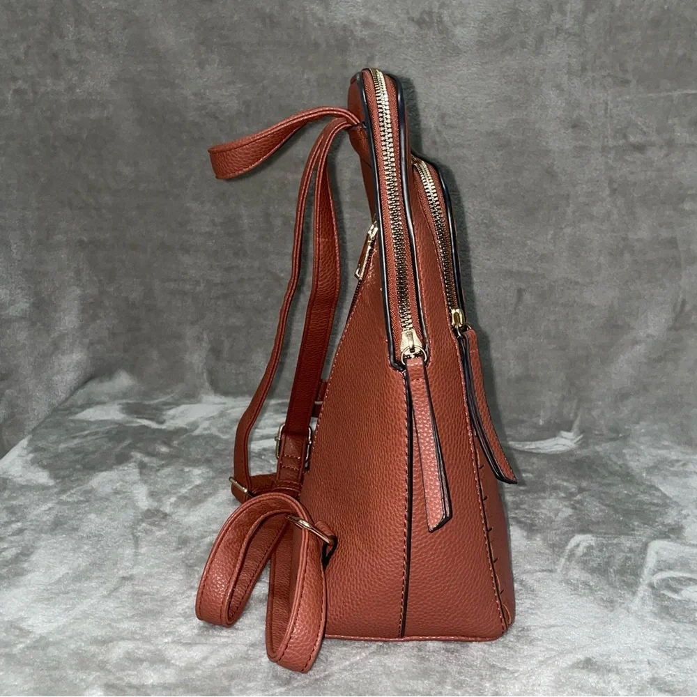 Faux Leather Structured Dome-Top Backpack Cognac Brown Minimalist Style