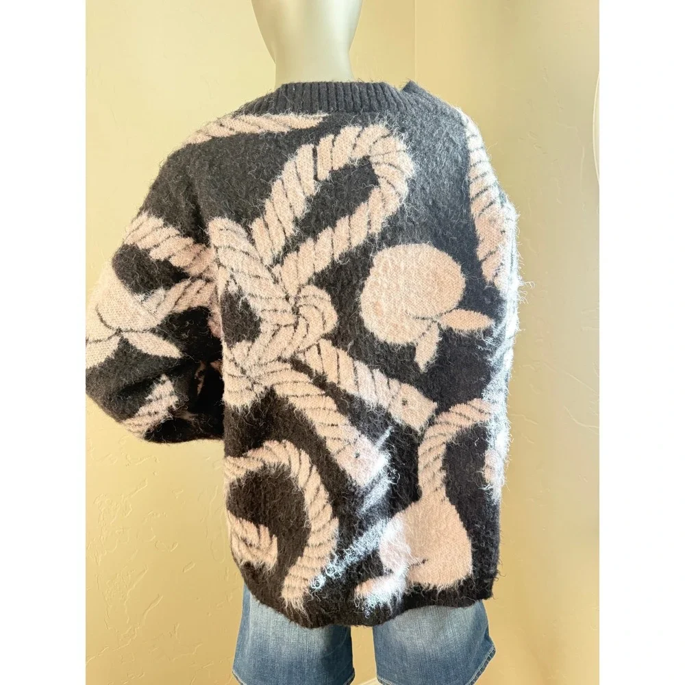 ELF SACK Black & Pink‎ Peach Pattern Oversized Fuzzy Knit Cardigan Heart Buttons
