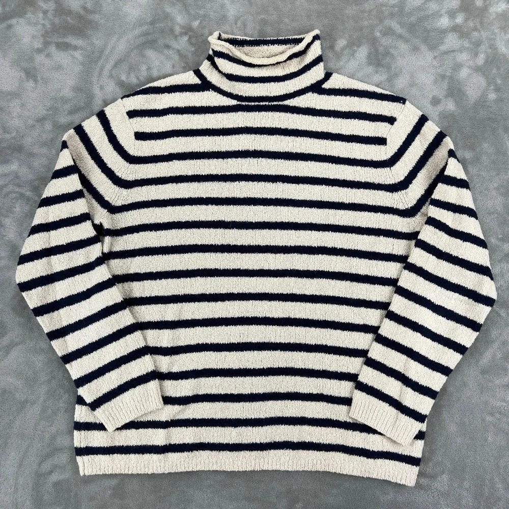 J.Crew Womens Small Ivory Navy Blue Striped Boucle Knit Turtleneck‎ Sweater