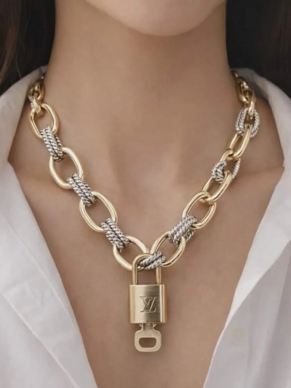 Authentic Louis Vuitton Gold Padlock w/ Unbranded Fashion Geometry Necklace