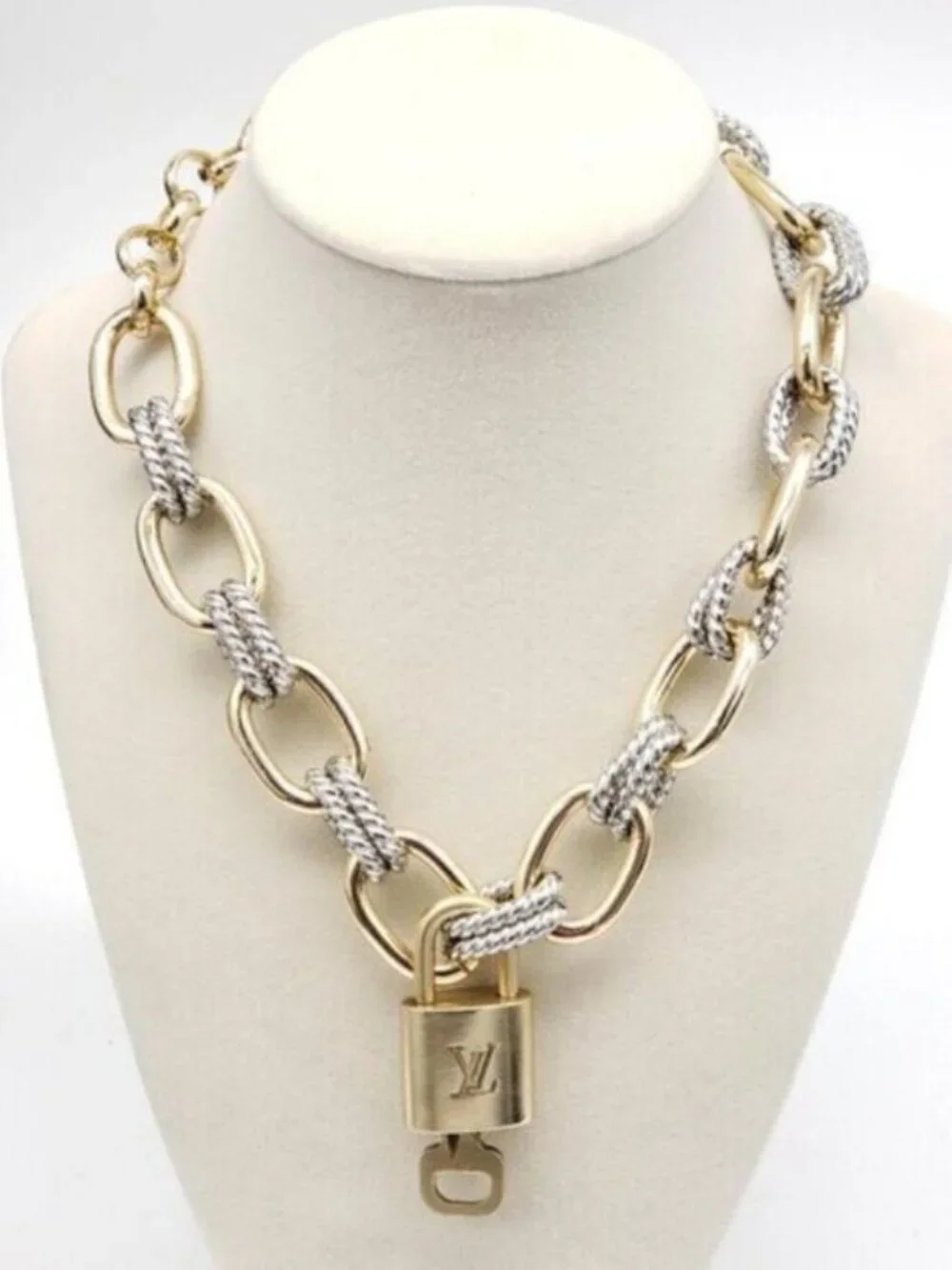 Authentic Louis Vuitton Gold Padlock w/ Unbranded Fashion Geometry Necklace