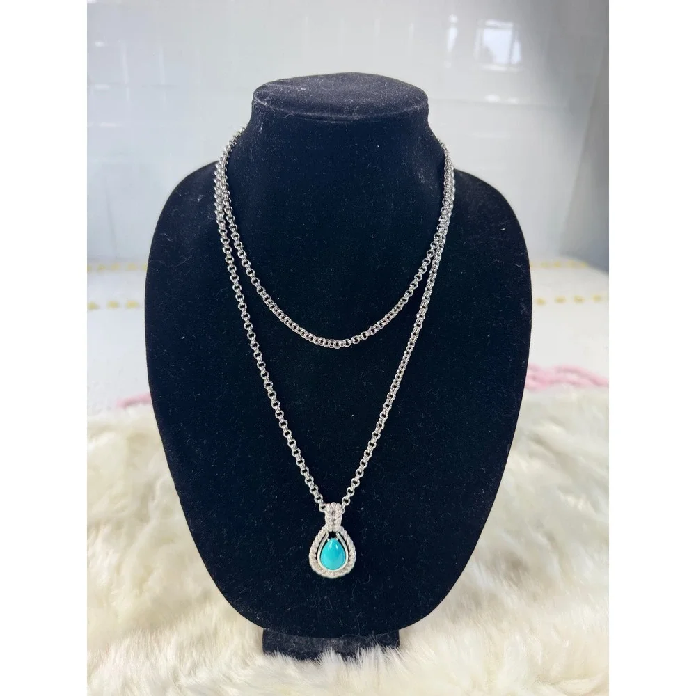 AVON Silver Tone Teardrop Turquoise Pendant‎ Necklace Chain Layered vtg