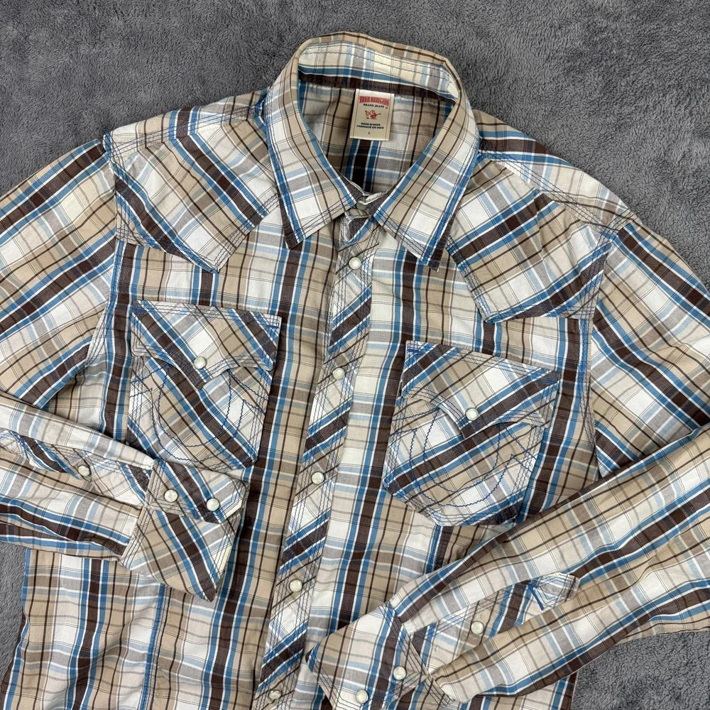 True Religion‎ Shirt Mens Large Brown Blue Plaid Western Pearl Snap Long Sleeve