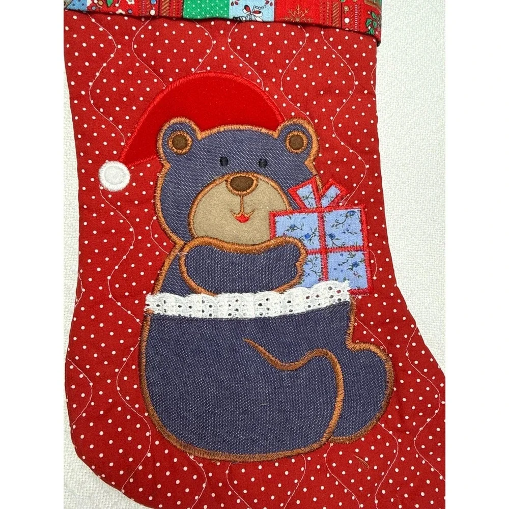 Vintage Handmade Christmas Stocking Red Polka Dot Bear Santa Hat Gift Appliqué‎