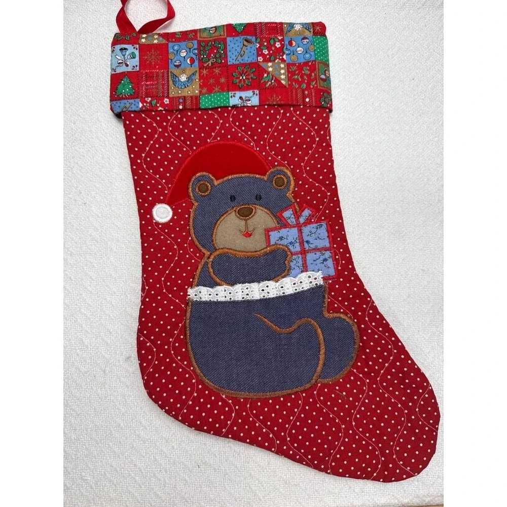 Vintage Handmade Christmas Stocking Red Polka Dot Bear Santa Hat Gift Appliqué‎