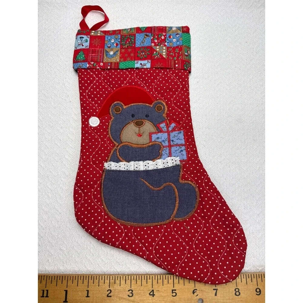 Vintage Handmade Christmas Stocking Red Polka Dot Bear Santa Hat Gift Appliqué‎
