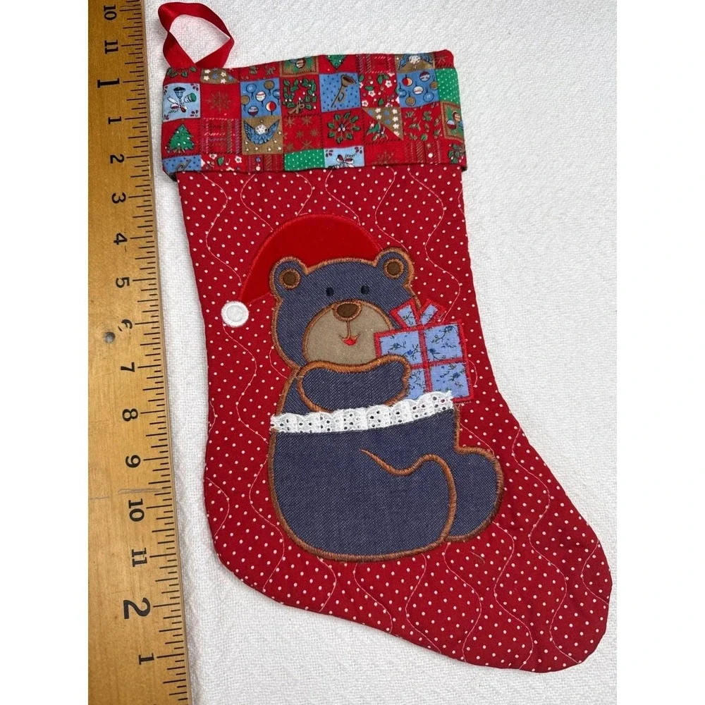 Vintage Handmade Christmas Stocking Red Polka Dot Bear Santa Hat Gift Appliqué‎