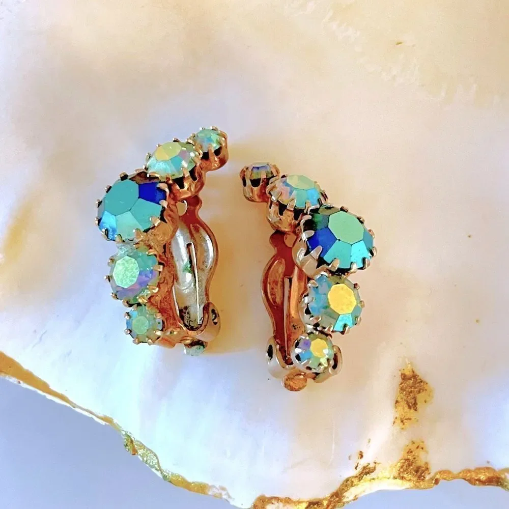 Vintage 1950’s Aurora Borealis Crescent Clip Earrings