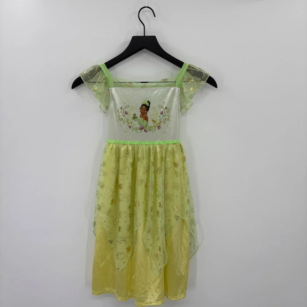 Disney Tiana Nightgown Kids Size 6 Green Yellow Princess Frog Glitter Sleepwear