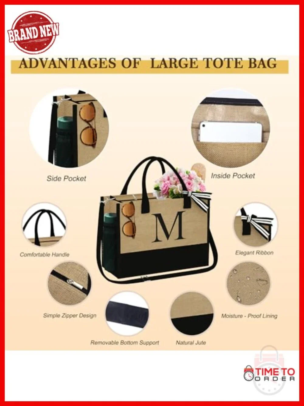 Personalized Initial Jute Tote Bag w/ 2 Makeup Bags Set - Gift for Women