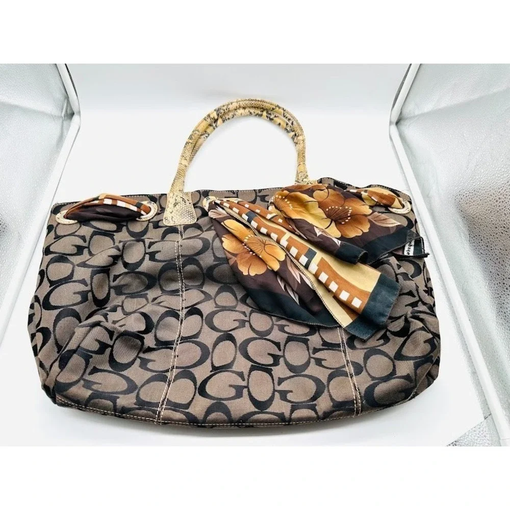 Designer Style Brown Monogram Tote‎ Bag Snake Print Handles Scarf Large Shoulder