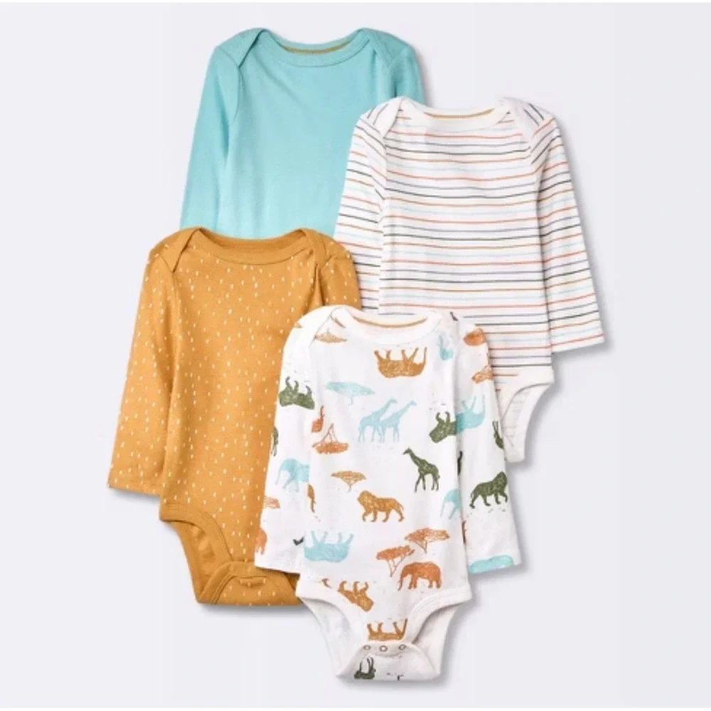 Cloud Island Baby 6-9 Months 4-Pack Long Sleeve Body Suits Safari Animal Print‎