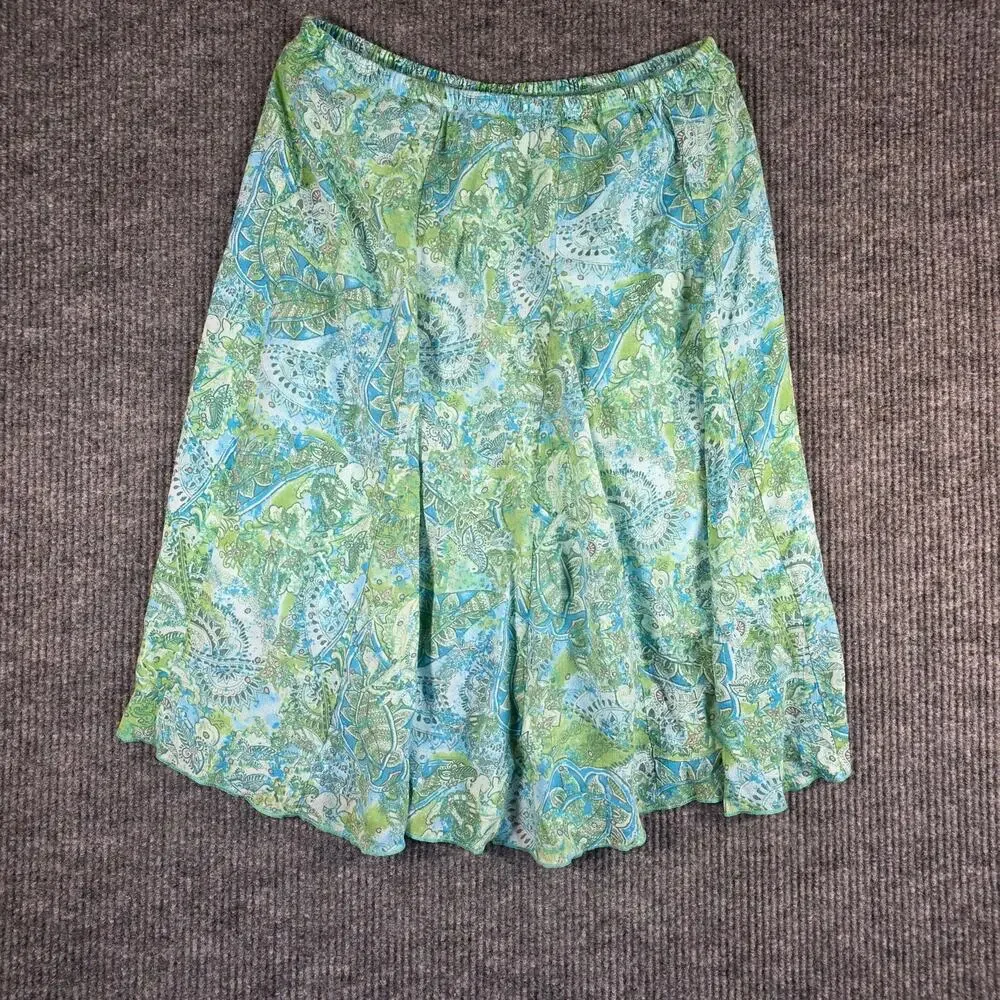 Kim Rogers XL‎ Paisley A-Line Midi Skirt Blue Green Pull On Lined Lightweight