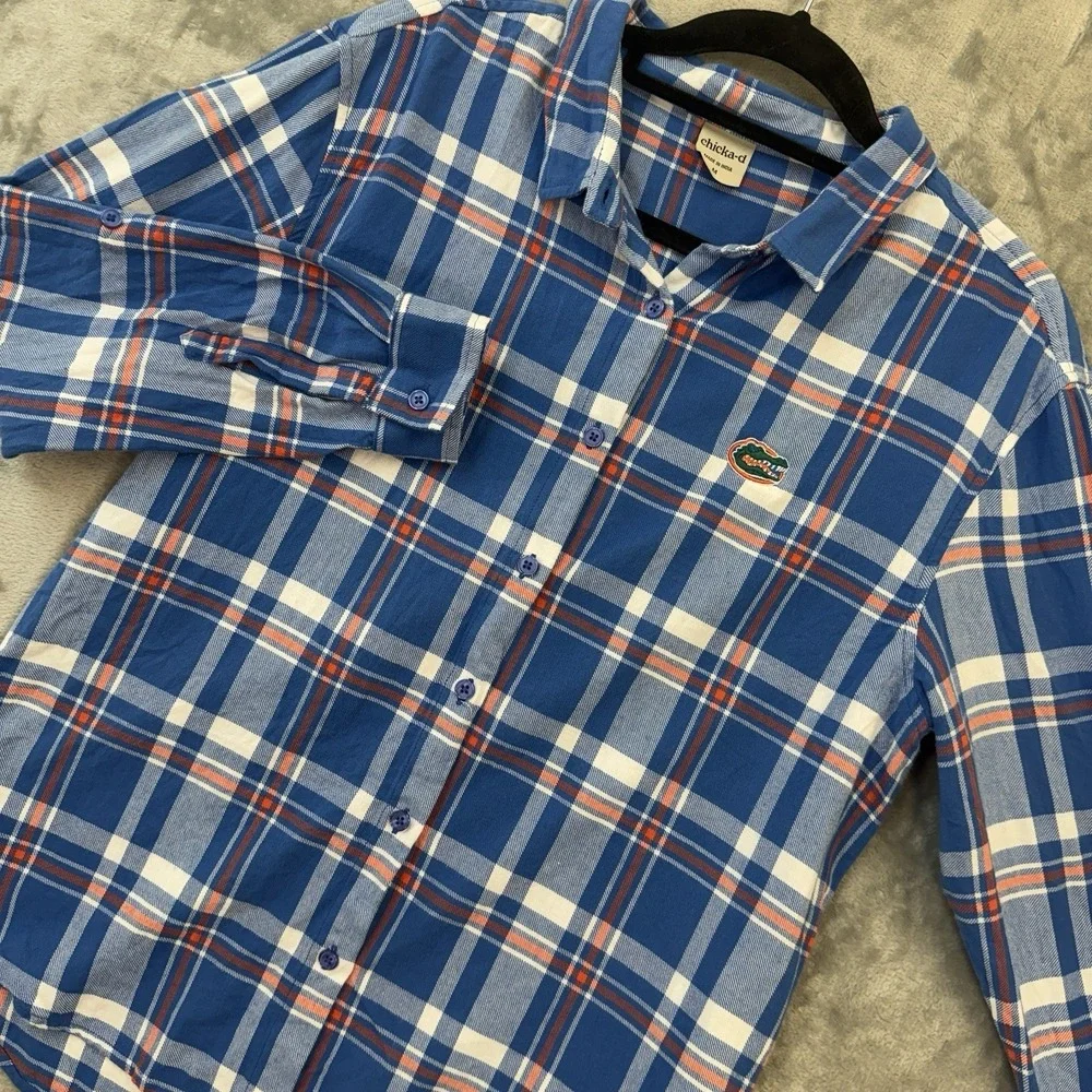 Florida Gators Monogram Flannel Shirt Orange‎ Blue Plaid Size Medium Long Sleeve