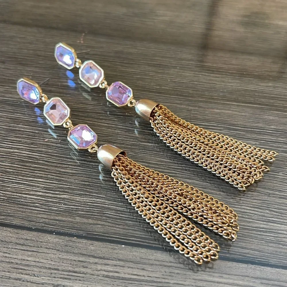Long Dangling Pink & Purple Gold-tone Tassel Earrings
