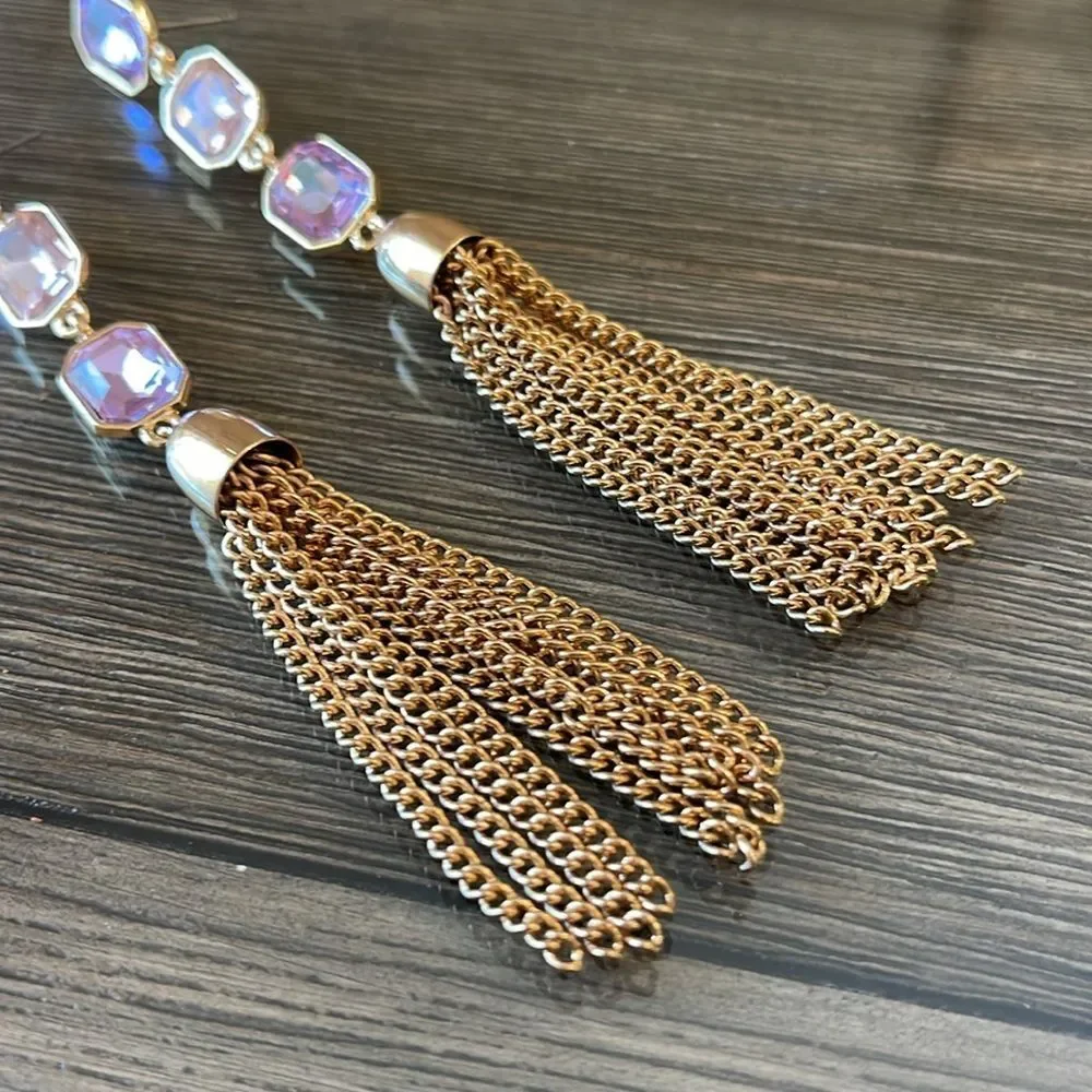 Long Dangling Pink & Purple Gold-tone Tassel Earrings