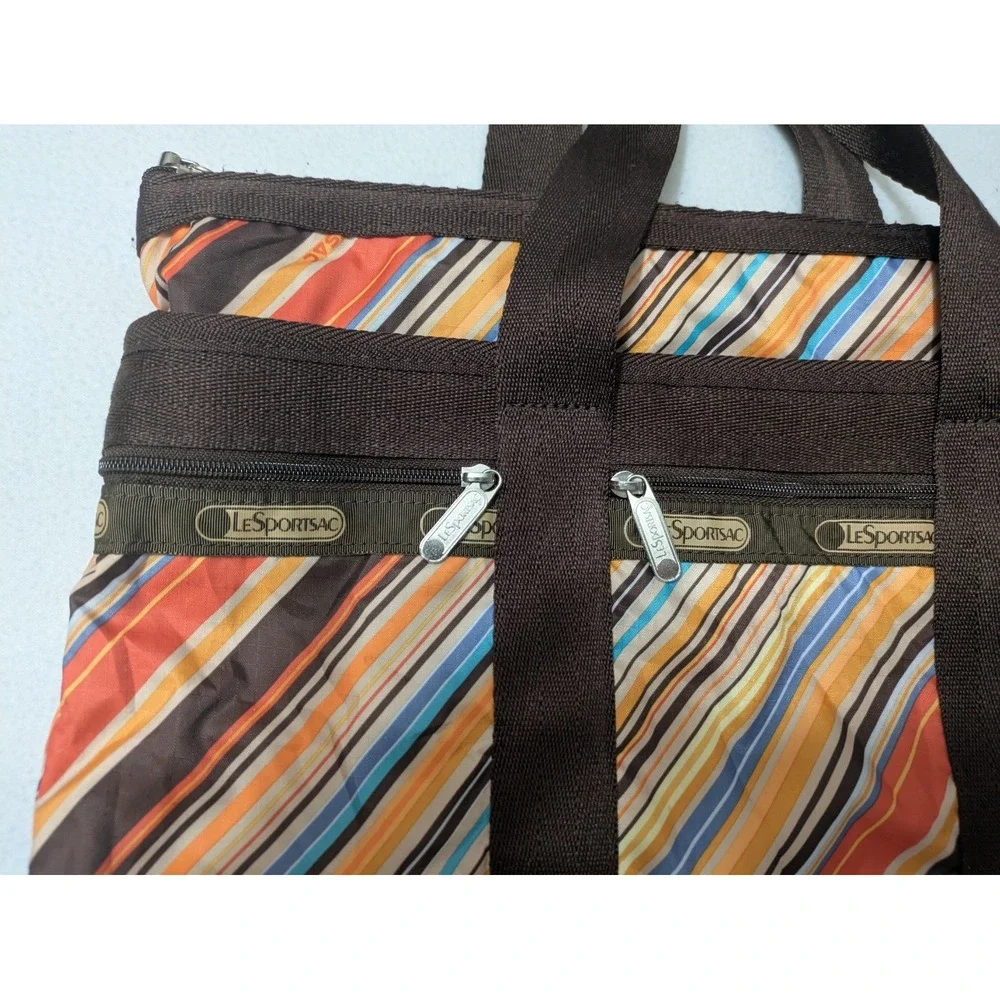 Retro LeSportsac‎ Stripe Everyday Tote Handbag Purse + Make-up Bag  Brown Orange