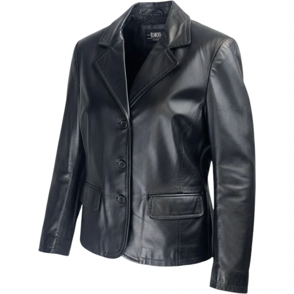 B. Moss - Black Leather Jacket Quilted Lining - Women's Large Button Front 😊‎