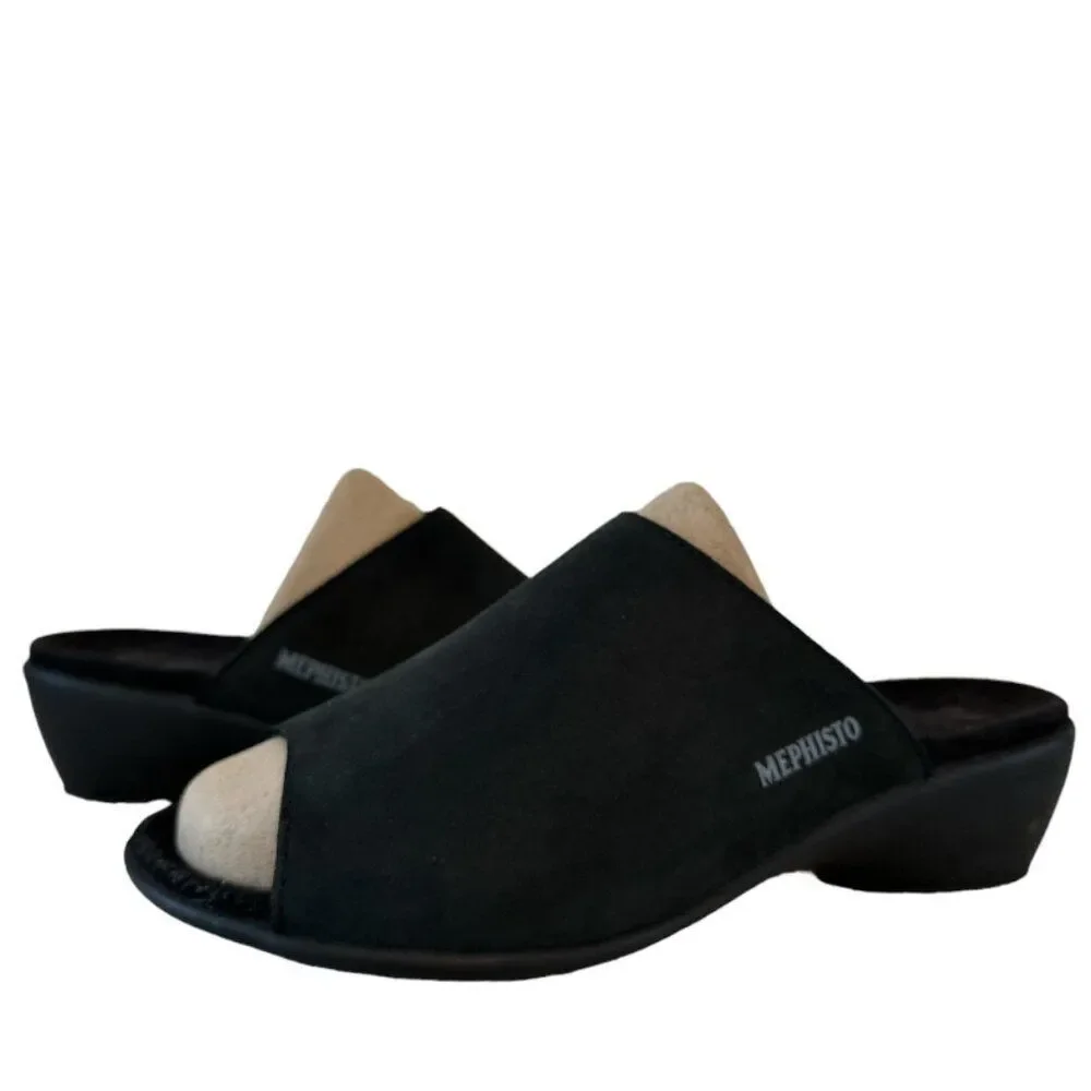 Mephisto Black Leather Nubuck Wedge Slip On Sandal Womens sz EU 40 US 10 Comfort