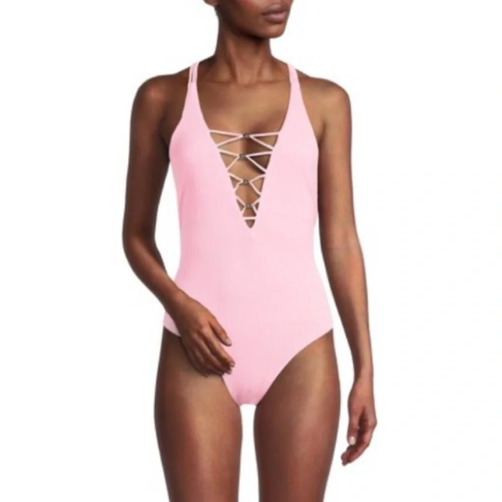 YMI NWT Ribbed Crisscross Lace Up One Piece Swimsuit Pink Size M