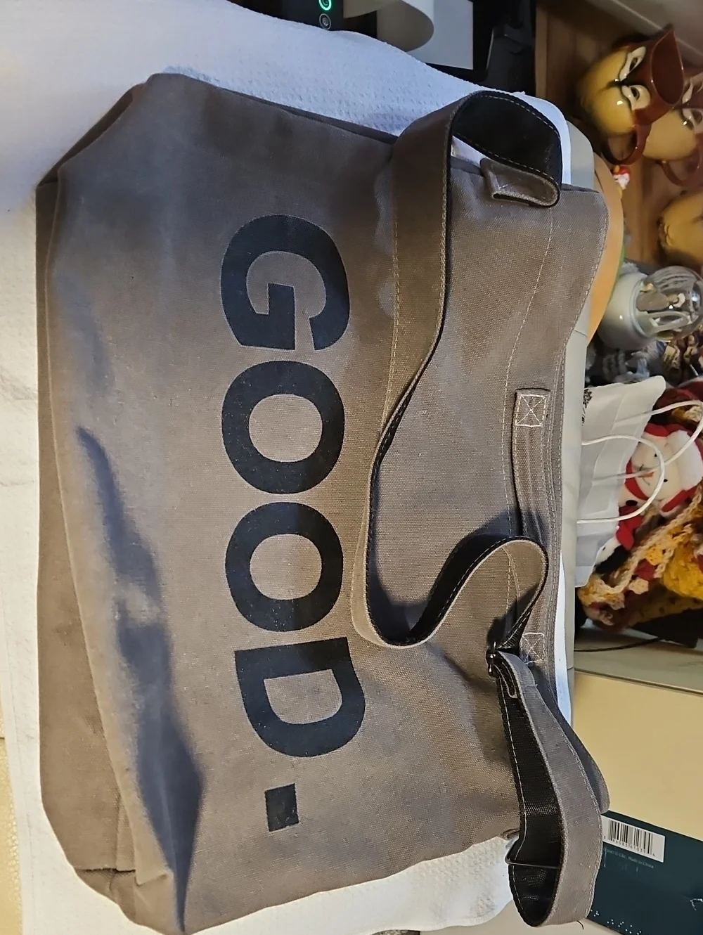 Canvas Shoulder Tote Bag in Brown with 'GOOD' Print