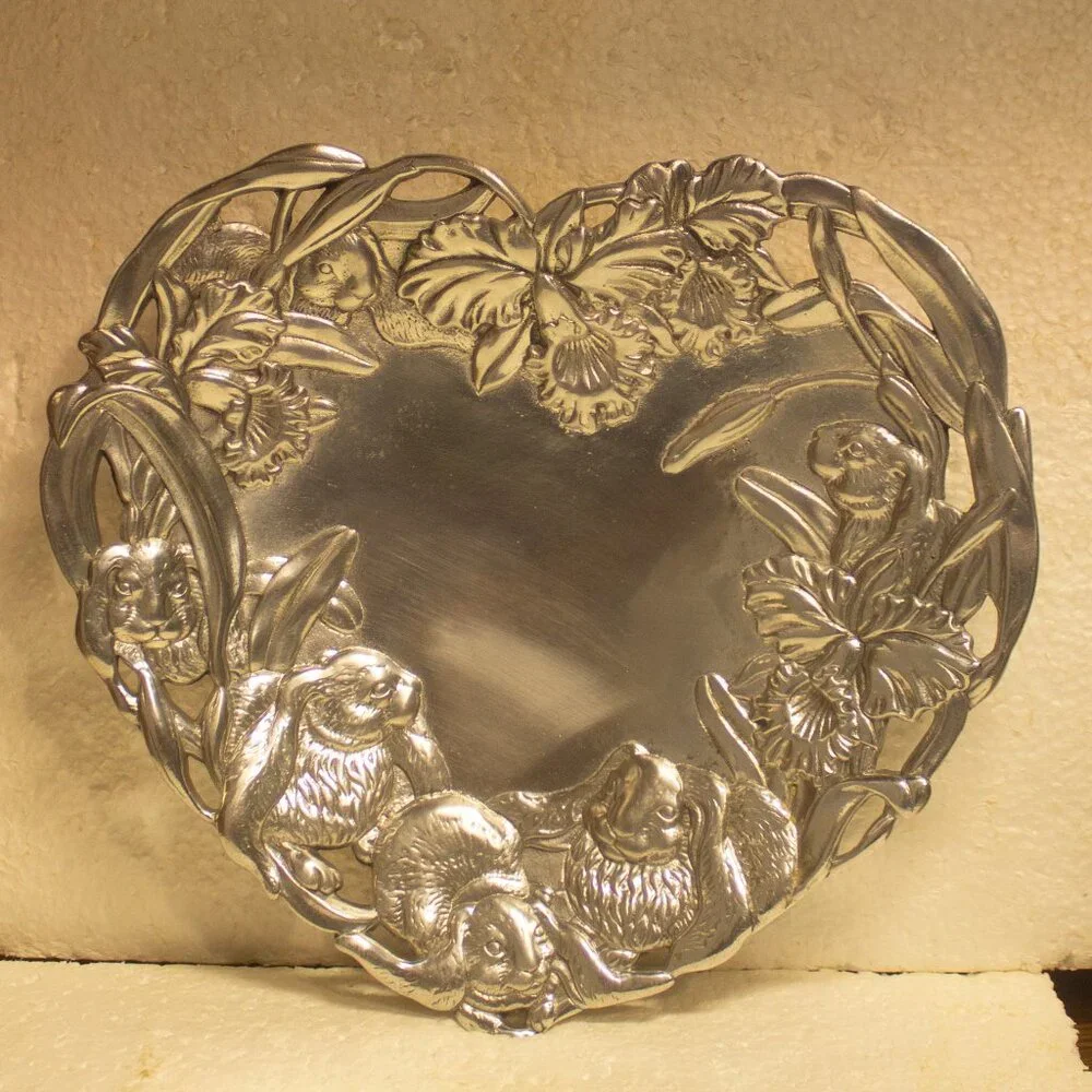 Vintage Arthur Court Heart Plate with Bunnies and Orchids Aluminum 10 Inch