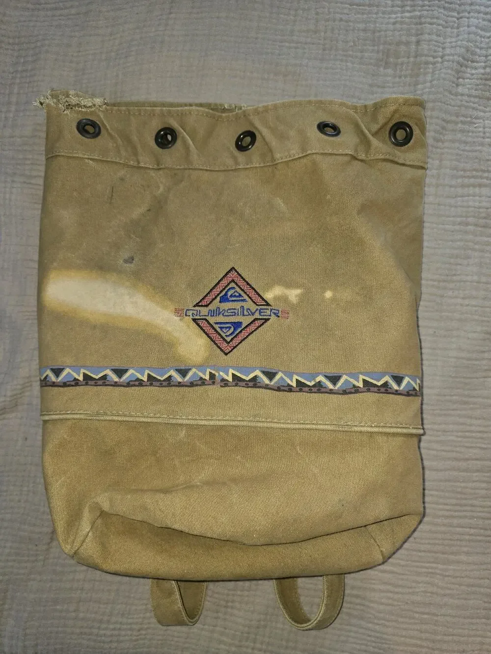 VTG Quicksilver Backpack Tan Rucksack Drawstring Bag 90s surf thrash skate rare