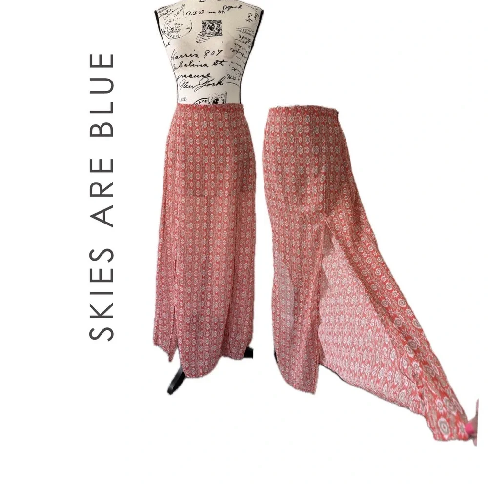 Skies Are Blue Red Boho Ikat Print Maxi‎ Skirt with High Slit Small 50489