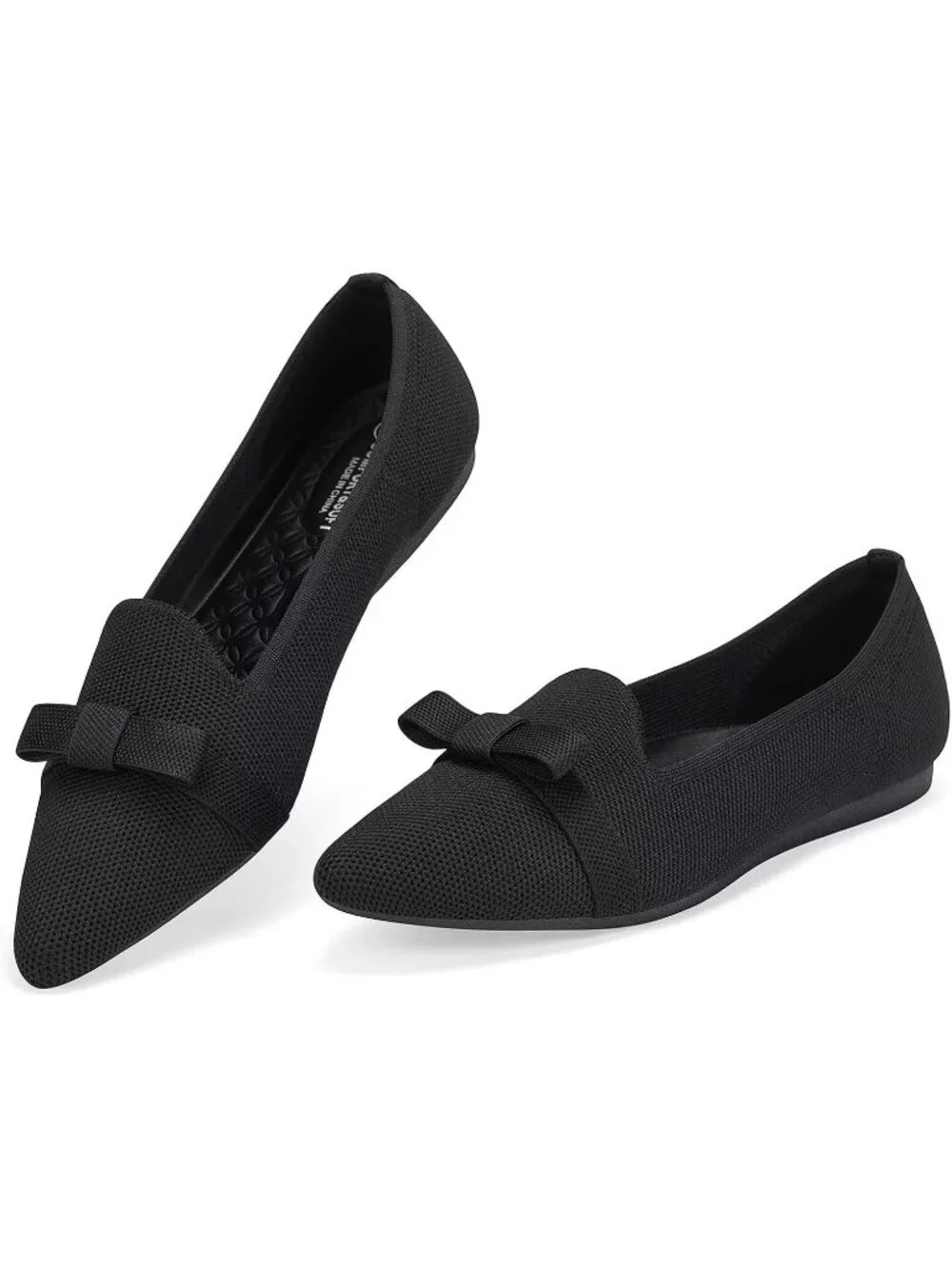 Women's Black Comfortable Knit Casual Pointed Toe Ballet Flats with Bow Shoes