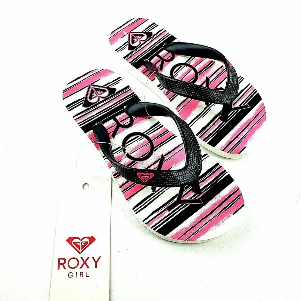 Roxy Girl Jujubee II Flip-Flops Sandals Black White Pink Stripe Size 12‎ NEW