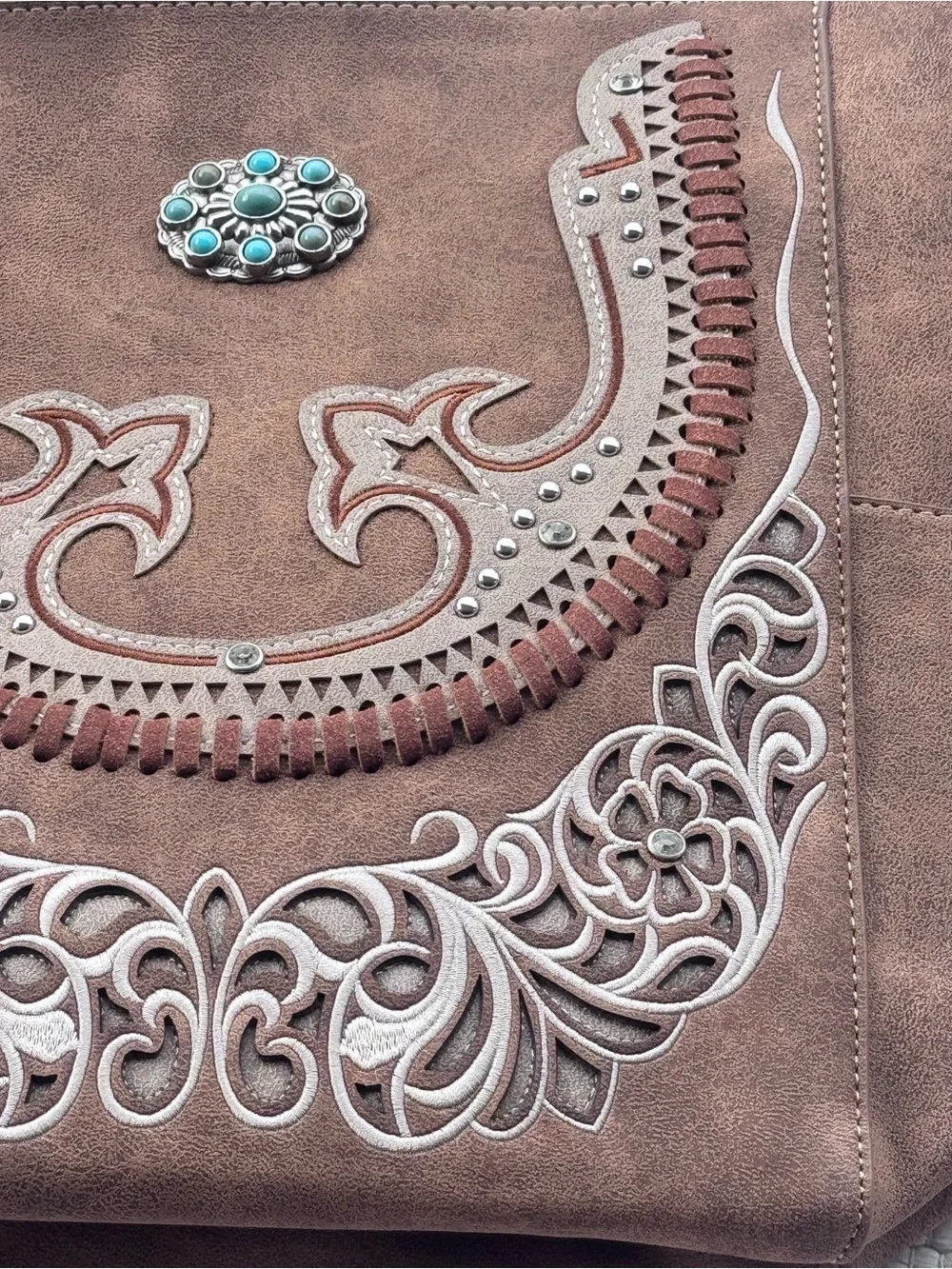 Montana West Western Tooled Tote Bag Brown Turquoise Concho Boho