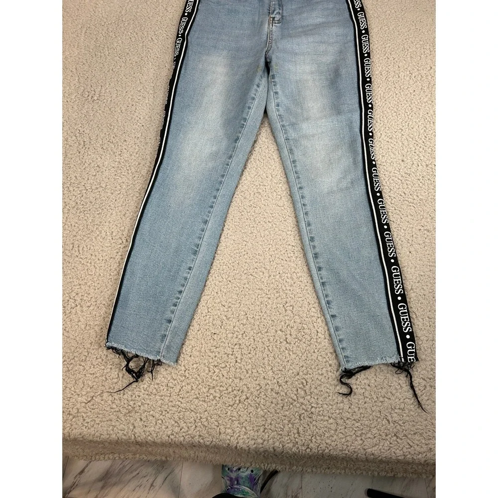 Guess Los Angeles Womens Light Wash Logo Side Stripe‎ Raw Hem Skinny Jeans Blue