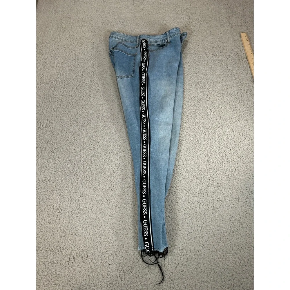 Guess Los Angeles Womens Light Wash Logo Side Stripe‎ Raw Hem Skinny Jeans Blue
