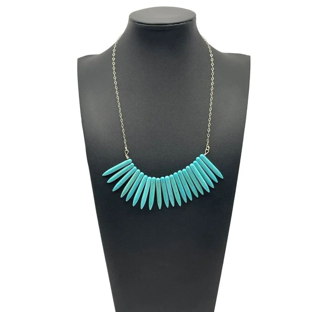 Blue Howlite Turquoise Graduated Spike Points Beads Sterling Silver 925 Necklace