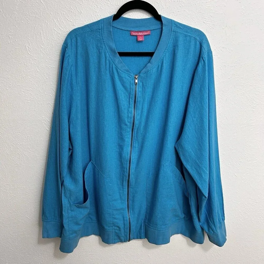 Woman Within Size 2X (18 / 20) Jacket Zipper Front Linen Rayon Blend Cyan Blue‎