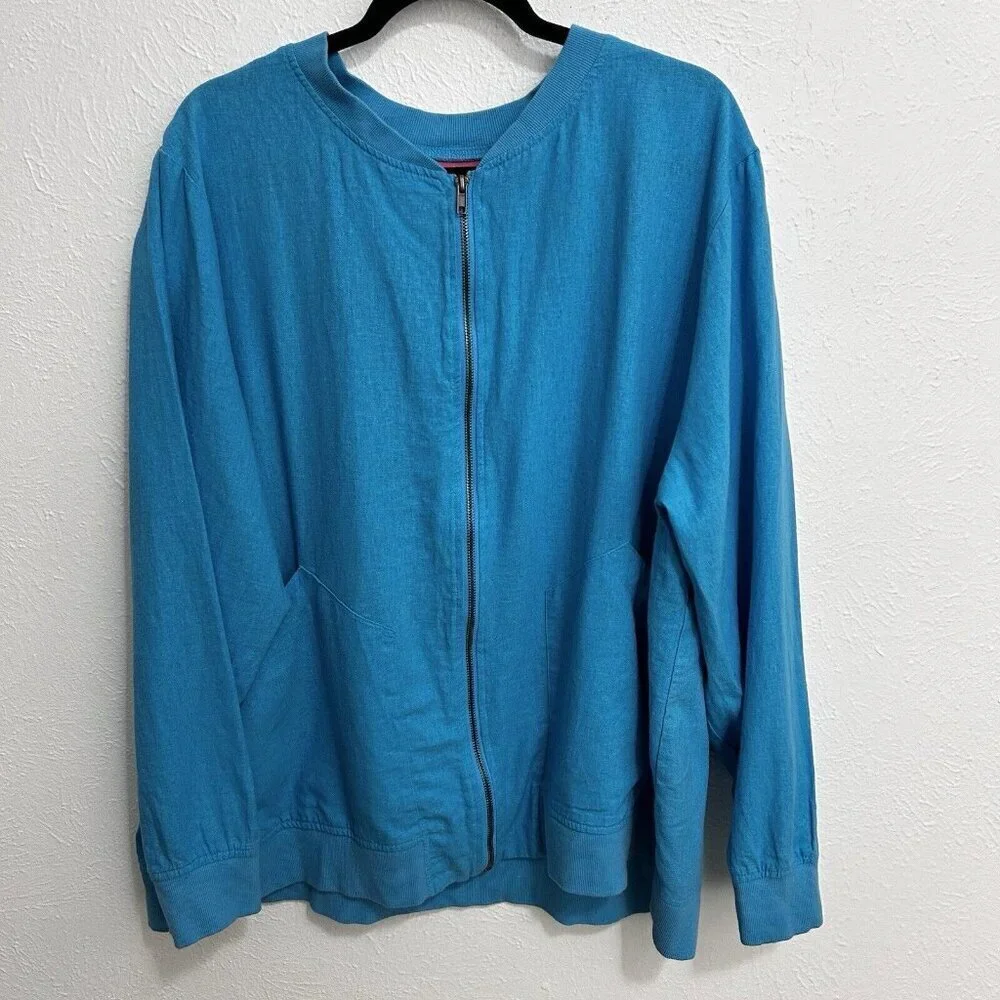 Woman Within Size 2X (18 / 20) Jacket Zipper Front Linen Rayon Blend Cyan Blue‎