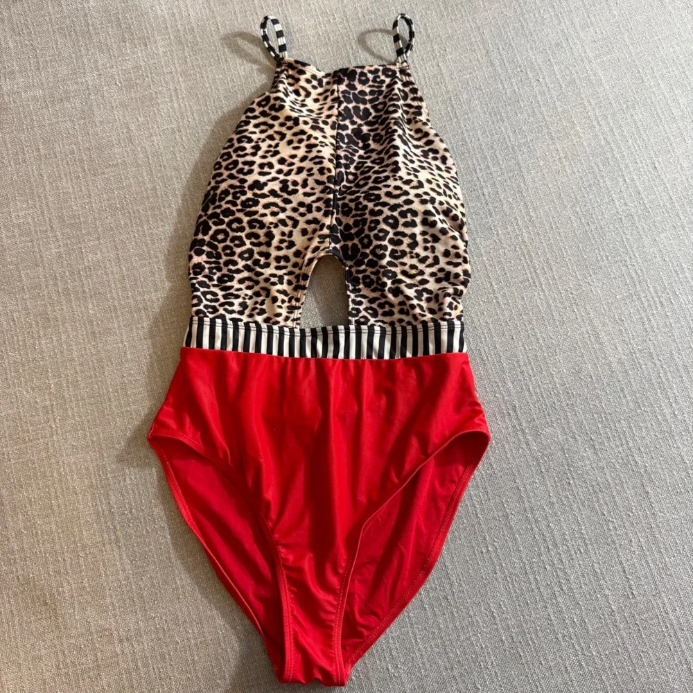 Leopard‎ Print Cut Out One Piece Swimsuit Red Bottom Striped Waistband Monokini