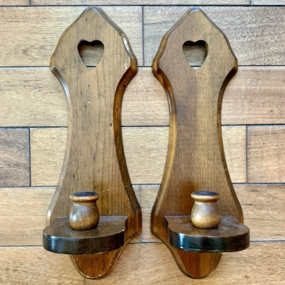 2pc VTG 60s MCM Wood Candlestick Heart Wall Sconce COUNTRY Cottage Core Farm