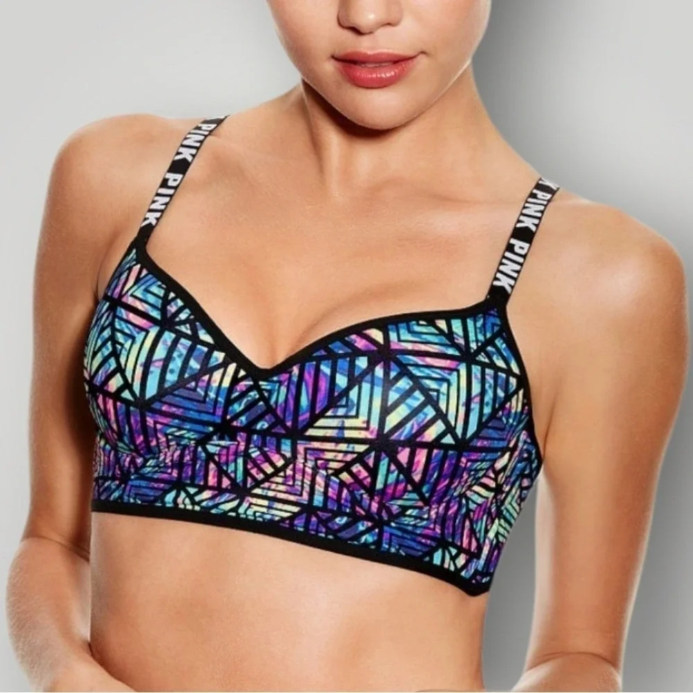 PINK Victoria's Secret Bralette Small Holographic Geometric Print Y2K Retro