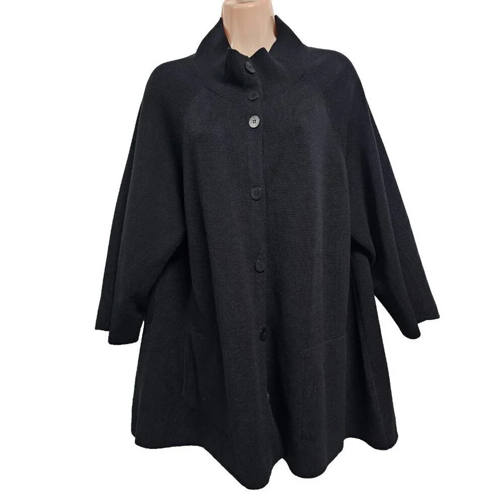 Eileen Fisher Button Up Mock Neck Kimono Jacket Women Size L Black Silk/Cotton