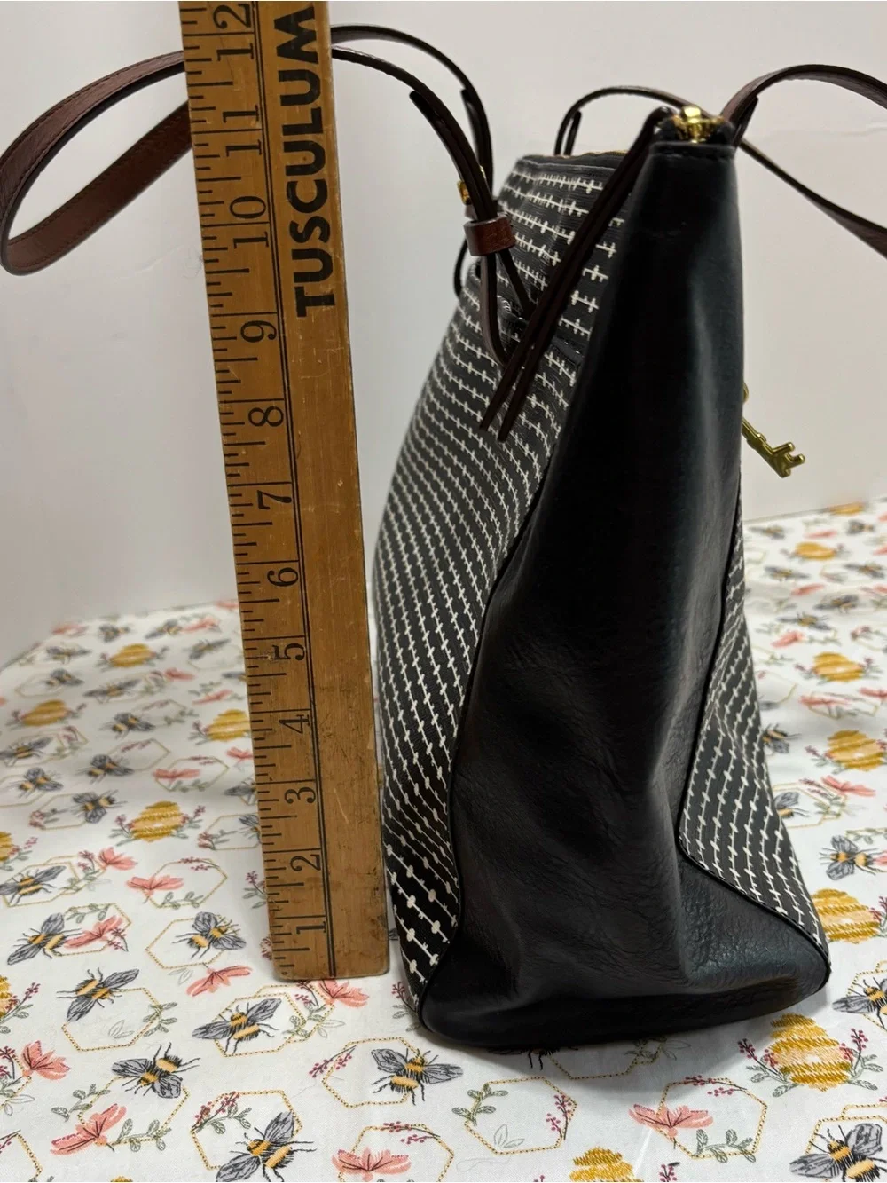 Fossil Black & White Dot-Striped Tote with Brown Leather Handles