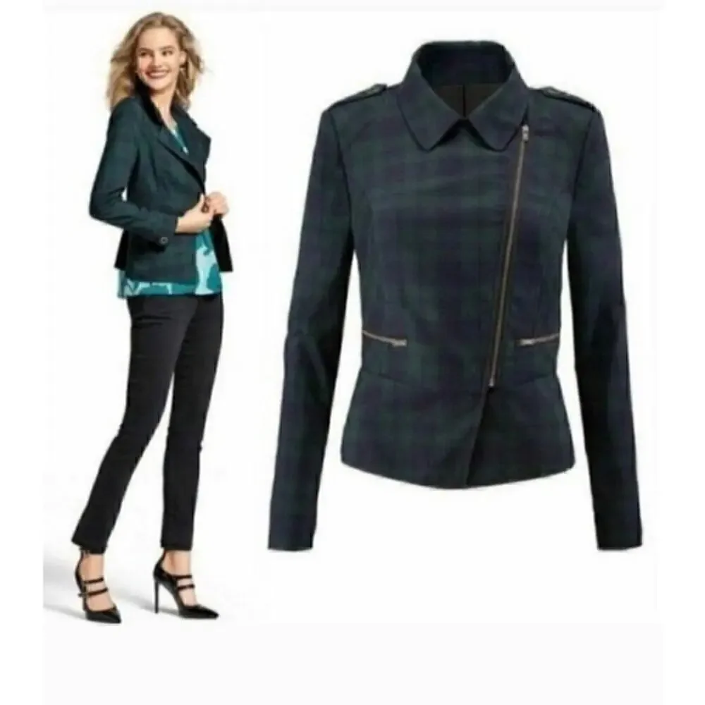 CAbi Tartan Green Plaid Asymmetrical Zip Moto Jacket, sz 4